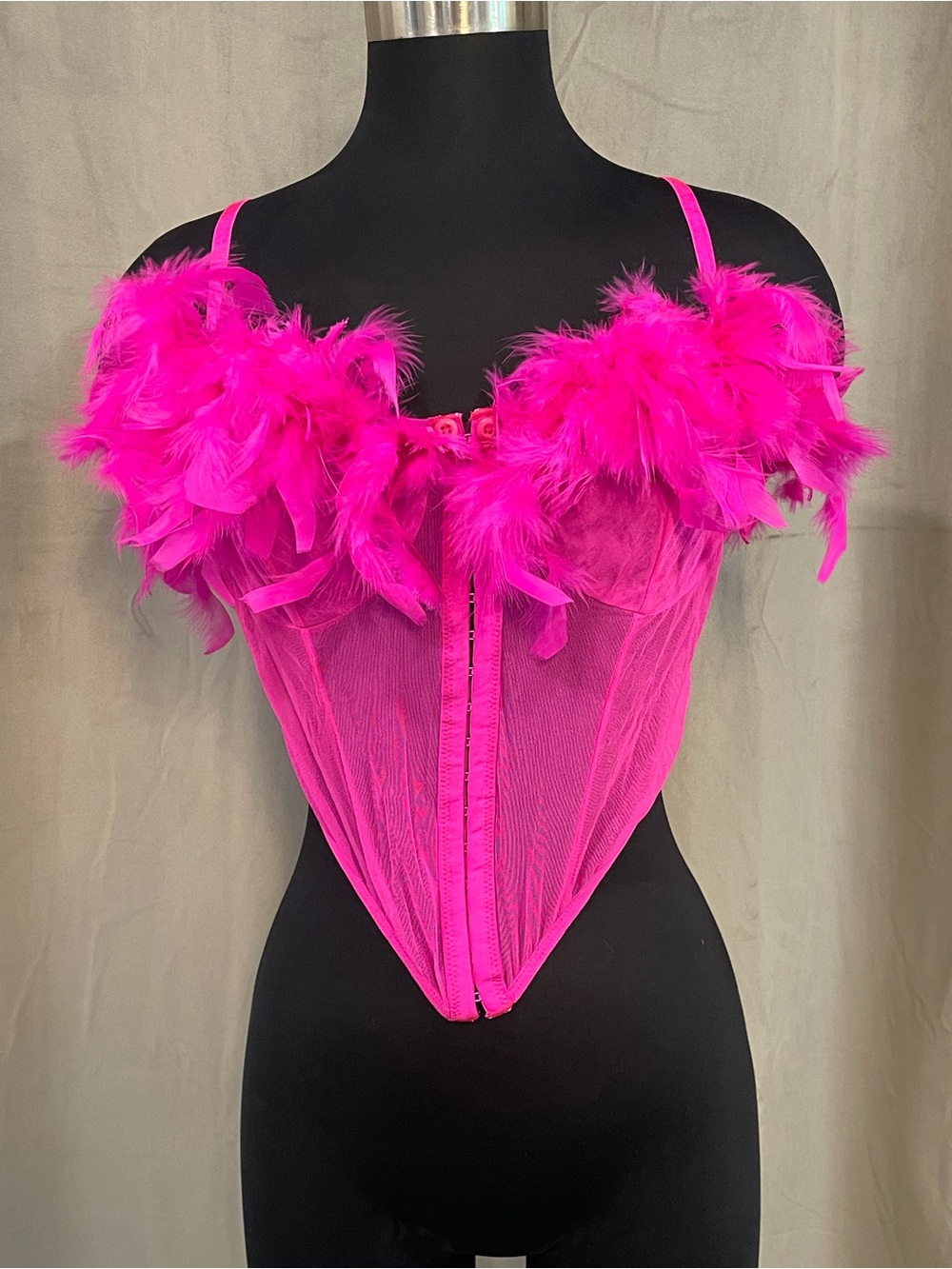 Hot Pink Feather Trim Mesh Bodysuit